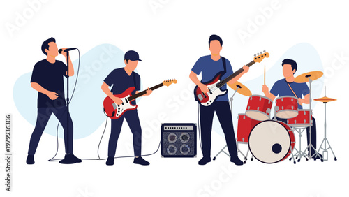 Energetic four piece rock band including singer guitarists and drummer performing together with their musical instruments.