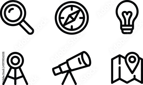 Collection of navigation and exploration icons featuring search magnifiers compass bulb telescope and map location markers