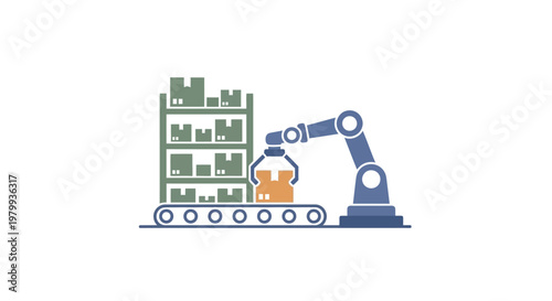 Industrial robotic arm handling boxes.