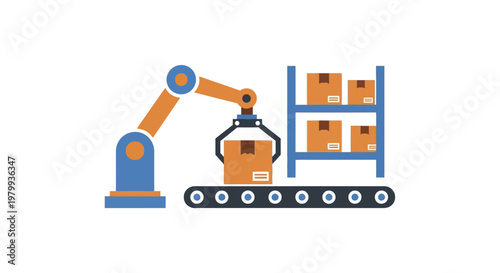 Industrial robotic arm handling boxes.