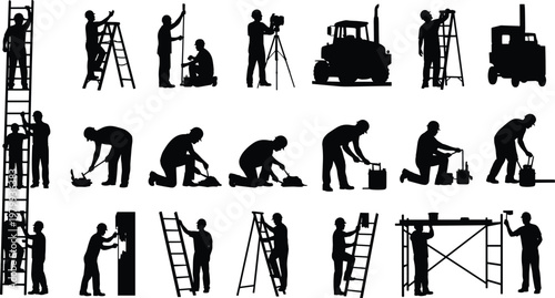 Construction worker silhouettes with ladders, scaffolding, painting, measuring, surveying equipment, industrial labor tasks, building maintenance, black vector illustration collection set