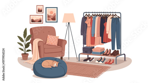 Cozy modern room interior with comfortable armchair sleeping cat on cushion clothing rack and decorative house plants.