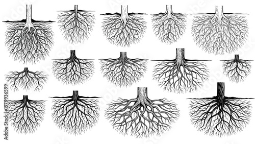 Collection of various tree root system sketches showing underground structures and branching patterns in black and white.