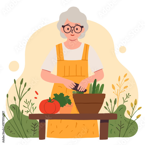 Elderly woman preparing vegetables in an apron at garden table. Elderly set