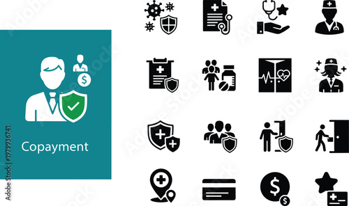 Healthcare copayment icons, medical billing, insurance coverage, patient care, financial protection, healthcare services, medical payment, health insurance, secure healthcare system