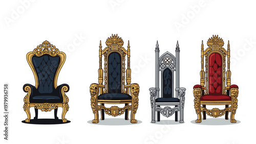 Set of four different ornate royal thrones with intricate gold and silver frames velvet upholstery and majestic designs.