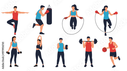 Set of various fitness figures performing different workout routines like weightlifting boxing basketball and jumping rope.