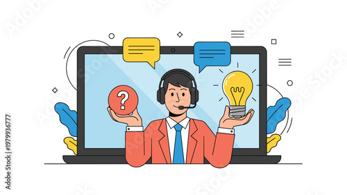Professional customer support agent wearing a headset sitting in front of a laptop with thought bubbles representing ideas.