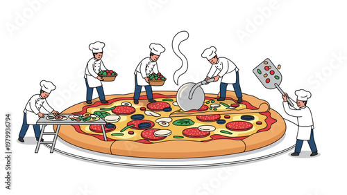 Whimsical scene of several tiny chefs working together on a giant pepperoni pizza using large kitchen tools and fresh toppings.