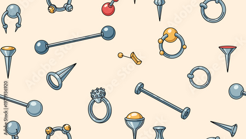 Creative seamless pattern of various body piercing jewelry including rings, bars, and studs for fashion design and textile themes.