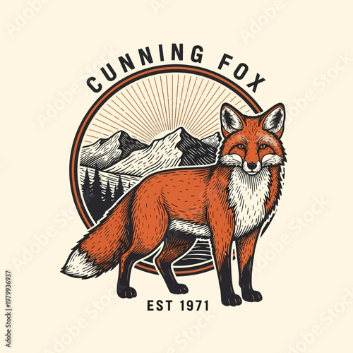 Red fox standing alertly with a cunning expression, showcasing its vibrant fur and bushy tail.