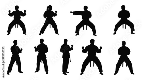 A collection of silhouettes depicting various martial arts stances and fighting positions demonstrating dynamic movement high quality professional detailed modern elegant