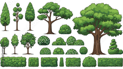 Comprehensive collection of various green trees bushes and trimmed hedges for landscaping parks and garden scenes.
