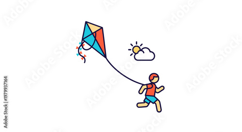 Child Running with Colorful Kite Outdoors.