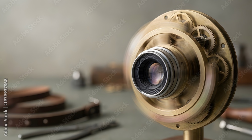 Fototapeta premium Steampunk brass lens with rotating gears