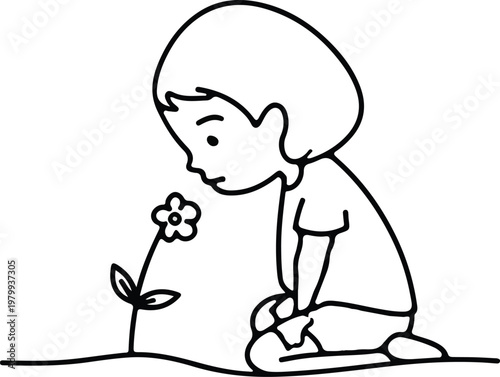 Minimalist one-line sketch of a small child squatting gracefully beside a tiny wildflower, bringing her face close to inhale its fragrance. The composition is elegant and airy, drawn in smooth.