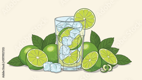 Refreshing glass of cold water with ice cubes and sliced limes surrounded by fresh lime fruit and green leaves.