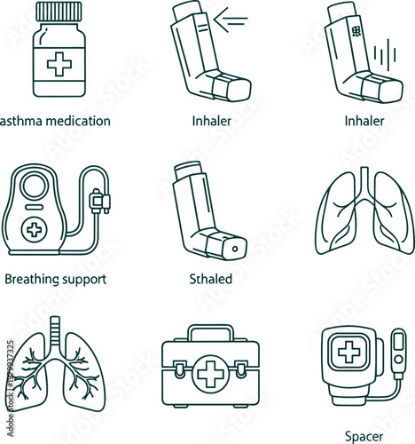 Respiratory health icons, asthma medication, inhaler device, breathing support, lung care, medical kit, spacer tool, patient safety, healthcare protection, treatment symbols