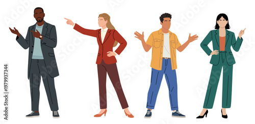 Four animated professionals gesture confidently. Each person displays unique energy and attitude. They appear ready for business or collaborative discussion