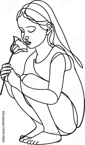 A modern abstract one-line drawing showing a young girl in a squatting pose, gently holding a flower and smelling it with a peaceful expression. The artwork is rendered in thin black lines. 