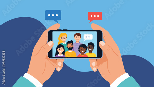 Close up of hands holding a smartphone showing a group video chat with diverse friends on the screen for social connection.