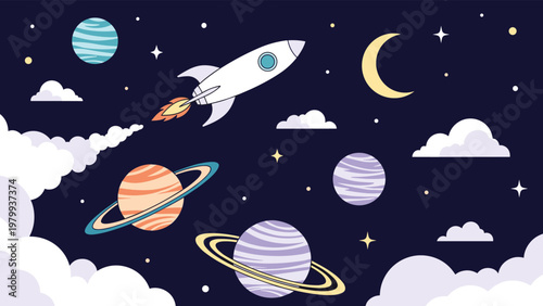 Cartoon rocket ship traveling through space among colorful planets stars and distant galaxies with white clouds.