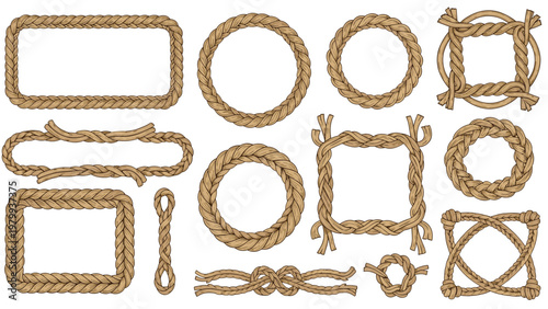 Set of decorative rope frames and knots made from thick braided nautical cord in various geometric shapes like circles and squares.