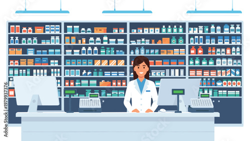 Female pharmacist standing behind a pharmacy counter with shelves full of medical supplies and computers.