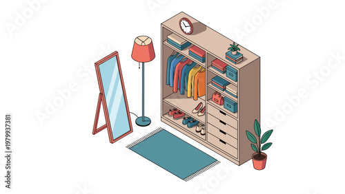 Isometric bedroom corner featuring a tall wardrobe with clothes full length mirror floor lamp and a blue rug.