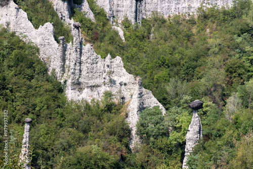 Across a forested basin the Pyramids of Zone reveal tall chalky pillars and jagged mineral walls, broad hillside view frames slender capped spires emerging through trees
