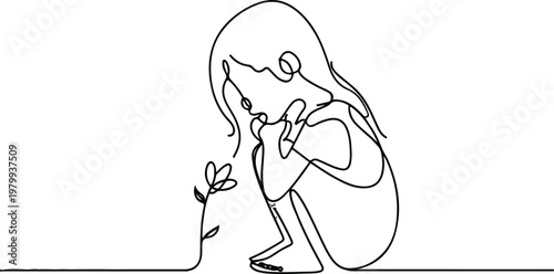 Continuous line art of a little girl with soft flowing hair, crouched low as she smells a delicate blossom growing from the ground. The drawing is made with a single uninterrupted black line.