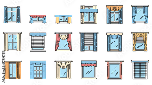 Set of various window designs featuring different styles of curtains, drapes, and blinds for interior home decoration and architectural design.