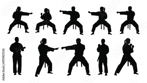 A series of silhouettes depict individuals performing various martial arts stances and movements showcasing dynamic poses high quality professional detailed modern