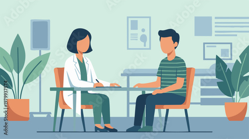 Doctor Consulting Male Patient in Clinic, Healthcare Illustration