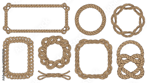 Decorative collection of various frames, borders, and complex knots made from thick natural nautical rope for marine and nautical theme designs.