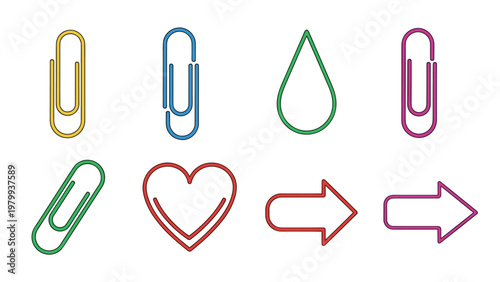 Set of various shaped paper clips including standard heart arrow and drop shapes in multiple bright colors.