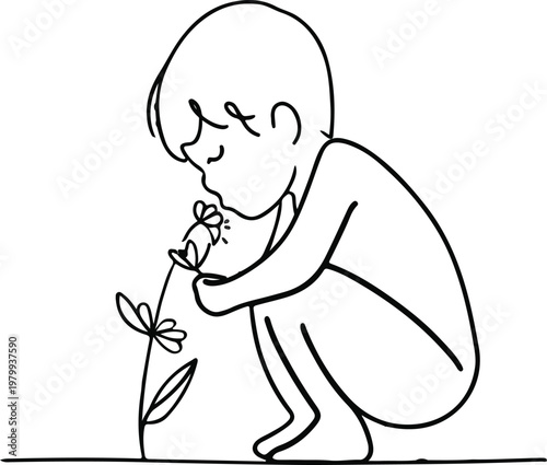 Minimalist one-line sketch of a small child squatting gracefully beside a tiny wildflower, bringing her face close to inhale its fragrance. The composition is elegant and airy, drawn in smooth.