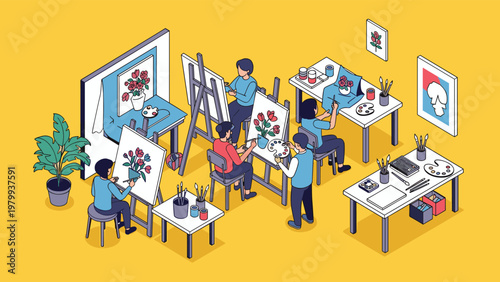 Isometric view of a busy art studio with students sitting at easels and desks painting flower still life and portraits in a creative environment.