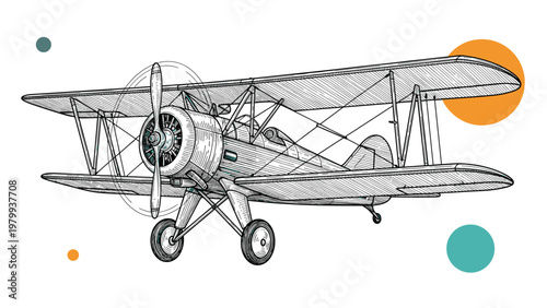 Detailed vintage biplane illustration with a propeller and double wings shown from a front perspective on a white background with graphic accents.