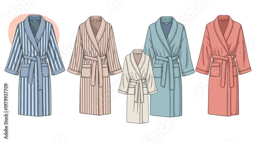 Collection of five bathrobes in various colors and styles including those hanging on hangers and in folded stacks.