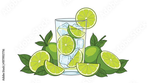 Refreshing glass of lime juice filled with ice cubes and sliced limes surrounded by fresh whole green limes and lush leaves.