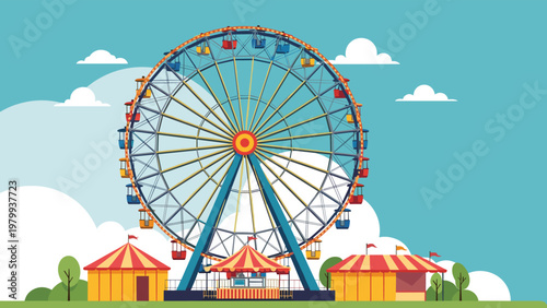 Funfair landscape featuring a large blue ferris wheel under a clear sky with white clouds and several colorful carnival tents.