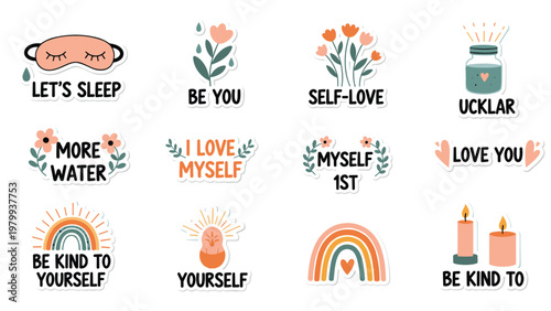 Inspirational self-love stickers with positive affirmations like more water and be kind to yourself in a soft pastel palette.