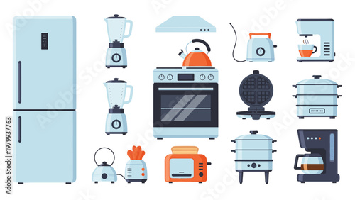 Large collection of modern kitchen appliances including refrigerator stove blenders toasters and coffee makers.