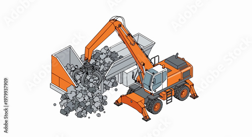 Orange Industrial Material Handler with Grapple Claw Loading Scrap Metal, Isometric Vector Illustration