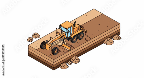 Isometric Motor Grader Leveling Soil for Road Construction Project, Heavy Machinery Earthmoving Equipment Illustration on White Background