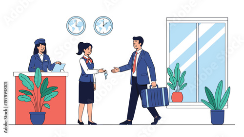 Professional hotel lobby scene showing a male guest checking in and receiving a room key from a friendly receptionist at the front desk counter.