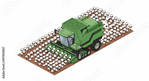 Isometric Green Cotton Harvester Machine in a Field Illustration. High-tech Agricultural Combine for Textile Industry Harvest. Vector Isolated on White.