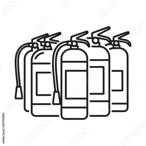Five fire extinguishers in a row black and white line art