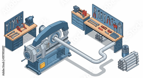 Isometric Industrial Workshop with Precision Metalworking Lathe, Tool Benches, and Pipe Manufacturing Equipment - Vector Illustration for Engineering and Manufacturing